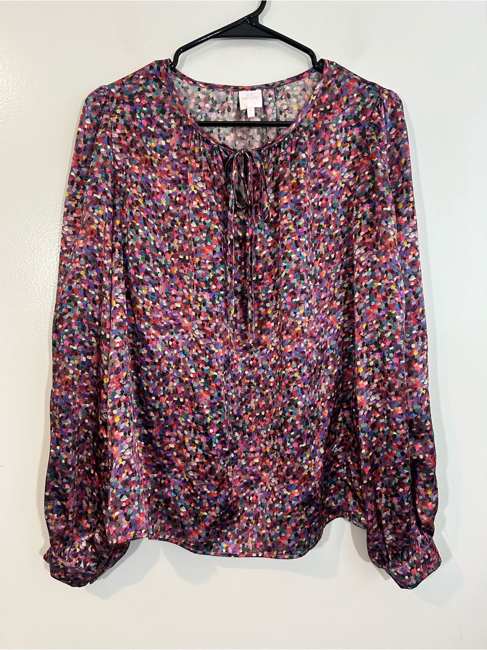 Ann Mashburn 100% Silk Colorful Abstract Paint Swatch Tie Neck Blouse Medium